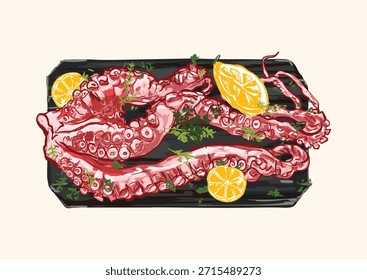 Ilustración de tentáculos de pulpo cocido servidos con limón y hierbas en una tabla de servir negra. Perfecto para menús de comida, proyectos culinarios, conceptos de cocina y diseños de mariscos.