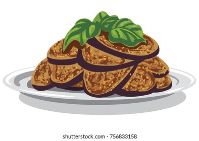illustration of cooked roasted eggplants with basil on plate