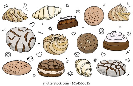 Ilustración con galletas, galletas, panecillos y otros dulces. Conjunto vectorial de elementos multicolores aislados sobre fondo blanco. Color saturado para tu diseño de vacaciones.