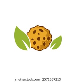 illustration of a cookie with chocolate chips, flanked by two green leaves, suggesting a natural or organic theme.