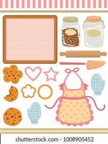 Illustration of Cookie Elements Like Baking Tray, Apron, Cookies, Cookie Cutter, Flour and Chocolate Chips