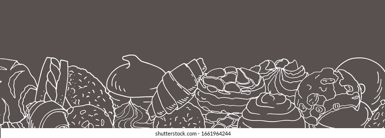 Illustration with cookies. Vector horizontal border (template, visit, card, poster,invitation, greeting, banner) with multicolored elements on brown background. Saturated color for your holiday design
