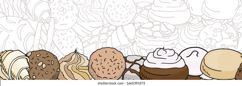 Illustration with cookies. Vector horizontal border (template, visit, card, poster,invitation, greeting, banner) with multicolored elements on line drawing background. Saturated color for your design.