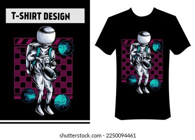 illustration of a cooking astronaut in space, with a pot, around the planet. premium vector illustration. modern design concept and street wear. perfect print on t-shirts, clothes, apparel, hoodie.