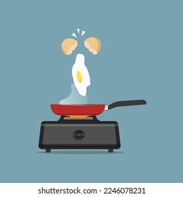illustration of cooking eggs sunny side up, in a pan that has been heated on the stove, flat design illustration