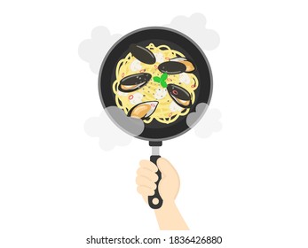 Illustration of cooking mussel pasta in a frying pan.