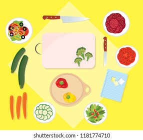 Illustration of cooking place. Set of cooking items. Flat style vector illustration.
