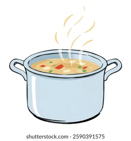 Illustration of a Chef’s Cooking Pot with Steam Isolated on White Background. Boiling Soup in Kitchen Pot, Classic Cooking Utensil