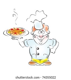 Illustration cooks the pizza in his hand