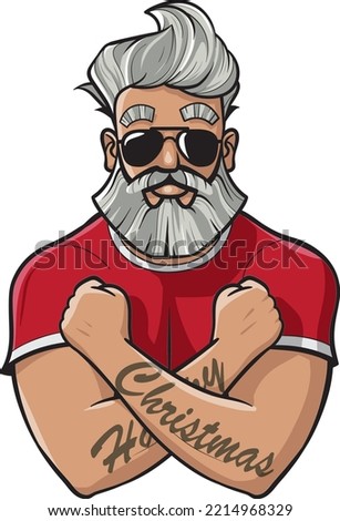 Illustration of a cool athletic Santa Clause with sunglasses on crossing his arms, a crazy hairstyle and a trimmed beard isolated on white