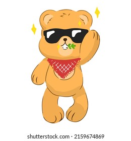 Illustration of cool bear in glasses, red scarf, mint in mouth 