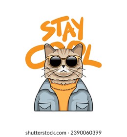 Illustration of a cool cat with a jacket and glasses. Cute and fluffy brown cat. With the words "Stay Cool". Suitable for designing t-shirts, jackets, hoodies, bags, etc.