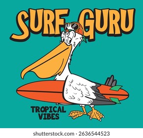 illustration of a cool and charismatic pelican surfing. graphic design of t shirts or posters drawn as a vector