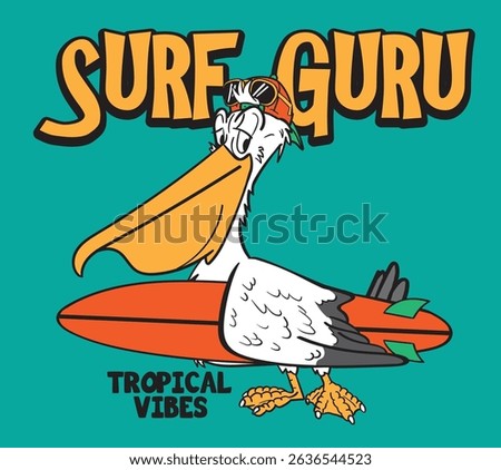 illustration of a cool and charismatic pelican surfing. graphic design of t shirts or posters drawn as a vector