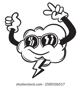 Illustration of a cool cloud character wearing sunglasses, showing peace and thumbs-up gestures, with a lightning bolt for a tongue.
