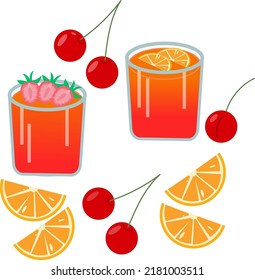Illustration of cool drinks with fruits and berries. Orange slices, cherries and strawberries. Flat illustration.
