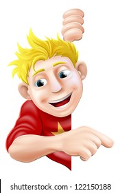 An illustration of a cool friendly young man character behind a sign or banner pointing a finger at it