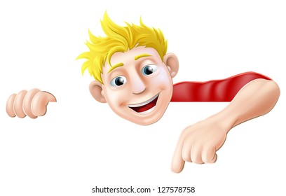 An illustration of a cool friendly young man character above a sign or banner pointing at it