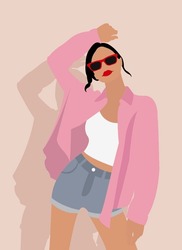 Illustration Of A Cool Girl With Red Glasses And Jeans And A Pink Shirt On A Light Pink Background