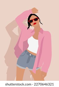 Illustration eines coolen Mädchens mit roter Brille und Jeans und eines rosa Hemds auf hellrosa Hintergrund