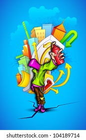 illustration of cool guy showing bottle of spray paint with urban graffiti backdrop