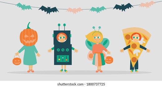 Illustration of cool kid characters wearing halloween costumes