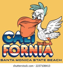 Illustration Cool Pelican with text California and gradient, Fashion spring summer style.