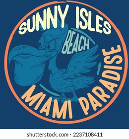 Illustration Cool Pelican with text Miami Paradise and gradient, Fashion spring summer style.