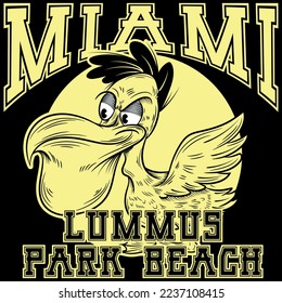 Illustration Cool Pelican with text Miami Lummus Park Beach, Fashion spring summer style.