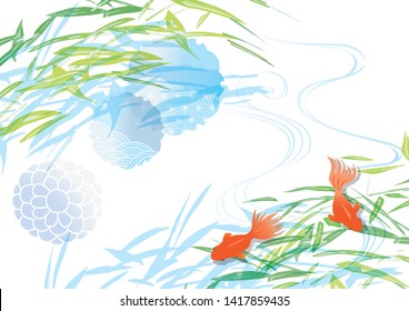Illustration of cool water and goldfish and aquatic plants