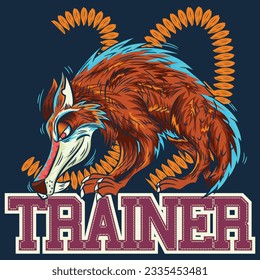 Ilustración lobo fresco con el mosaico de trineos de la escuela de texto Trainer bordado colores frescos.