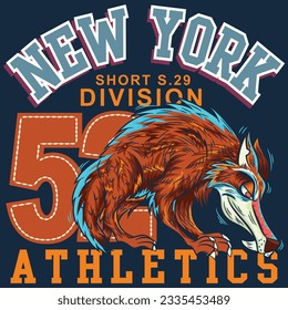 Illustration cool wolf with text college New York short division athletics and number 52 patchwork embroidered cool colors.