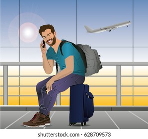 Illustration a cool young guy waiting sitting in his suitcase, with mountain boots, calling by mobile phone at the airport with a plane background