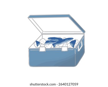 Illustration of a cooler box filled with fish and ice