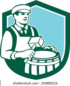 Illustration of a cooper barrel maker making a drum holding a mallet viewed from front set inside shield done in retro style.