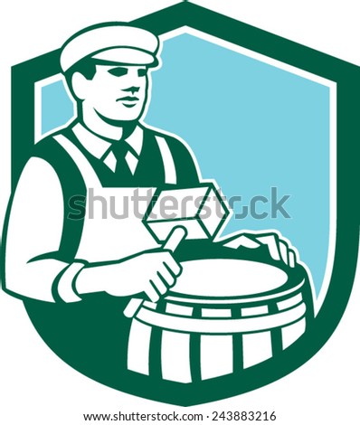 Illustration of a cooper barrel maker making a drum holding a mallet viewed from front set inside shield done in retro style.