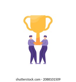 ilustración de un compañero de cooperación levantando un trofeo. el concepto de trabajo en equipo, amigos, logran el éxito juntos. obtener premios y logros. estilo de dibujos animados planos. diseño vectorial