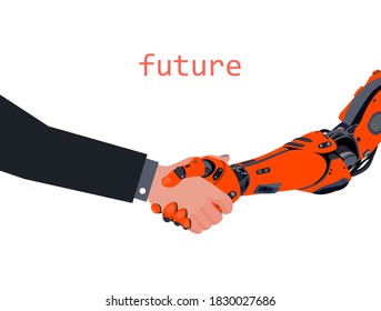 Illustration of cooperation and trust between human and artificial intelligence. Handshake of cyber and human hands.