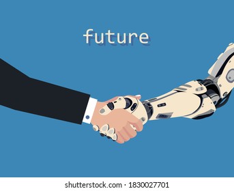 Ilustración de cooperación y confianza entre inteligencia humana y artificial. Sacudir las manos del ciberhombre y del hombre.