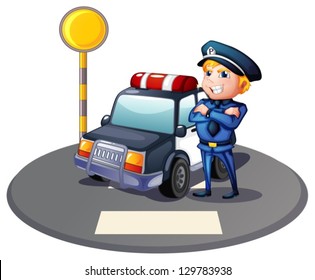 Illustration of a cop beside a police car with a yellow outpost on a white background