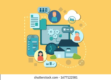 illustration with copy space of home working or work from home or social distancing in blue yellow tone color. flat design of digital and cloud technology use for distance working. 