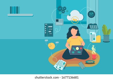 illustration with copy space of home working office in blue yellow tone color; a woman working on laptop with coffee cup and cloud technology 