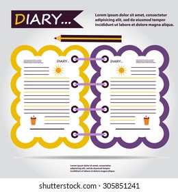 Illustration of copybook, diary with pencil, sun and ice-cream, web icon, vector. Idea of diary for children and pupils.