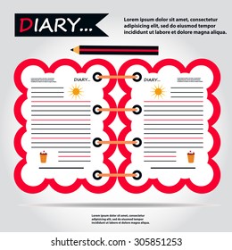 Illustration of copybook, diary with pencil, sun and ice-cream, web icon, vector. Idea of diary for children and pupils.