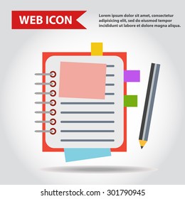 Illustration of copy-book for learning and writing, paper document with pencil web icon, vector.