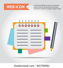 Illustration of copy-book for learning and writing, paper document with pencil web icon, vector.