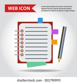 Illustration of copy-book for learning and writing, paper document with pencil web icon, vector.