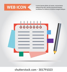 Illustration of copy-book for learning and writing, paper document with pencil web icon, vector.