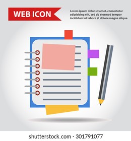 Illustration of copy-book for learning and writing, paper document with pencil web icon, vector.