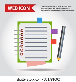 Illustration of copy-book for learning and writing, paper document with pencil web icon, vector.